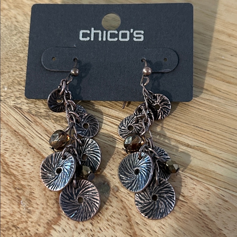 Chico’s bronze brown dangle drop earrings NEW circular coin shapes